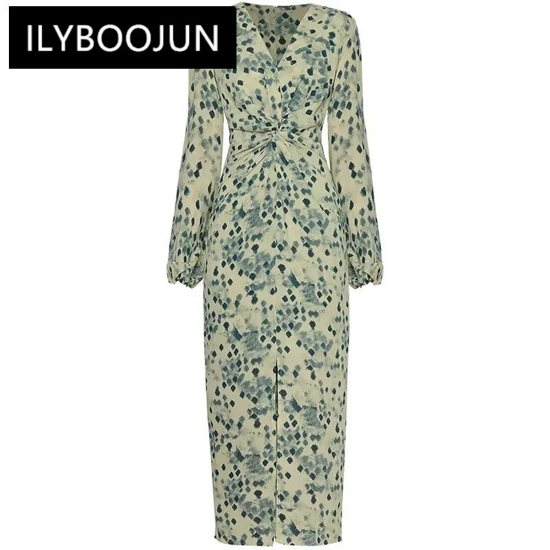 

ILYBOOJUN Fashion Runway Vintage Print Party Dress Women Lantern Sleeve Pleated High Waist Package Buttock Slim Long Dress