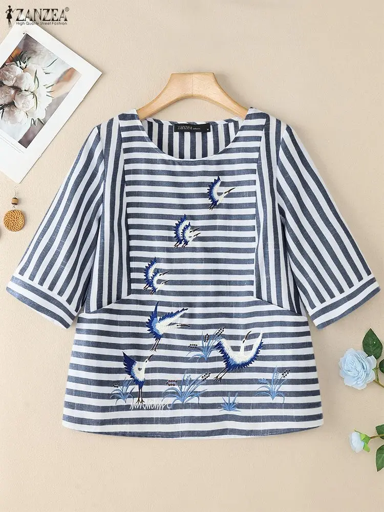 ZANZEA Vintage Haftowane Bluzki Damskie Jesień 2025 Casualowe Bluzki z Krótkim Rękawem Dekolt Okrągły Luźne Bluzki w Paski Codzienna Odzież Damska na Wakacje