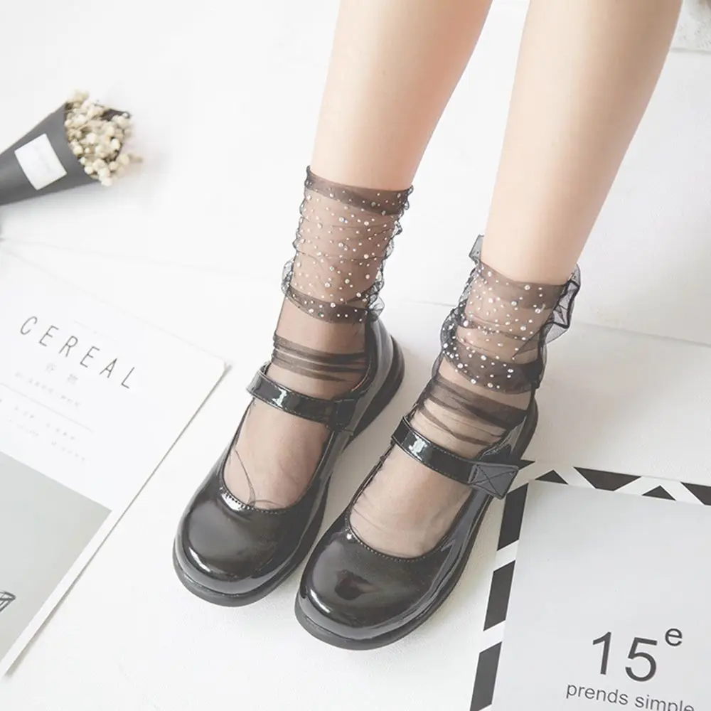 See Through Women Rhinestone Crystal Glitter Lace Ankle Socks Transparent Mesh Sock Short Socks