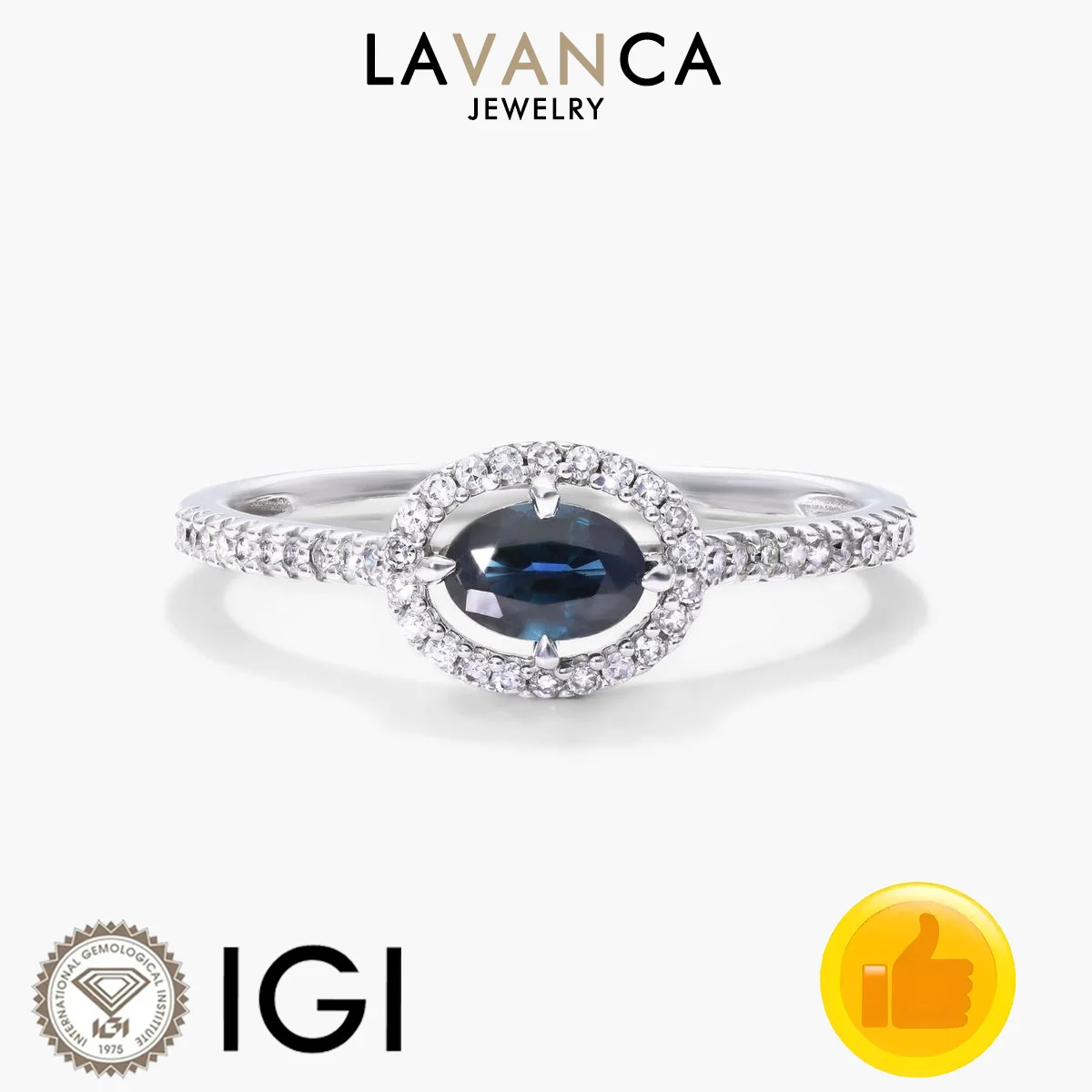 

Center Stone Oval Cut Lab Grown Sapphire Ring Round Lab Diamond Halo Style Ring Classic 9K/14K/18K White Gold Half Eternity Ring