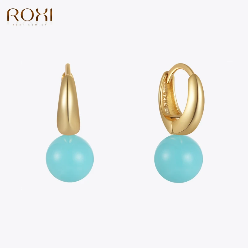 ROXI Turquoise Ball Pendant Hoop Earrings for Women 925 Sterling Silver Pendientes plata Exquisite Jewelry Valentine\'s Day Gifts