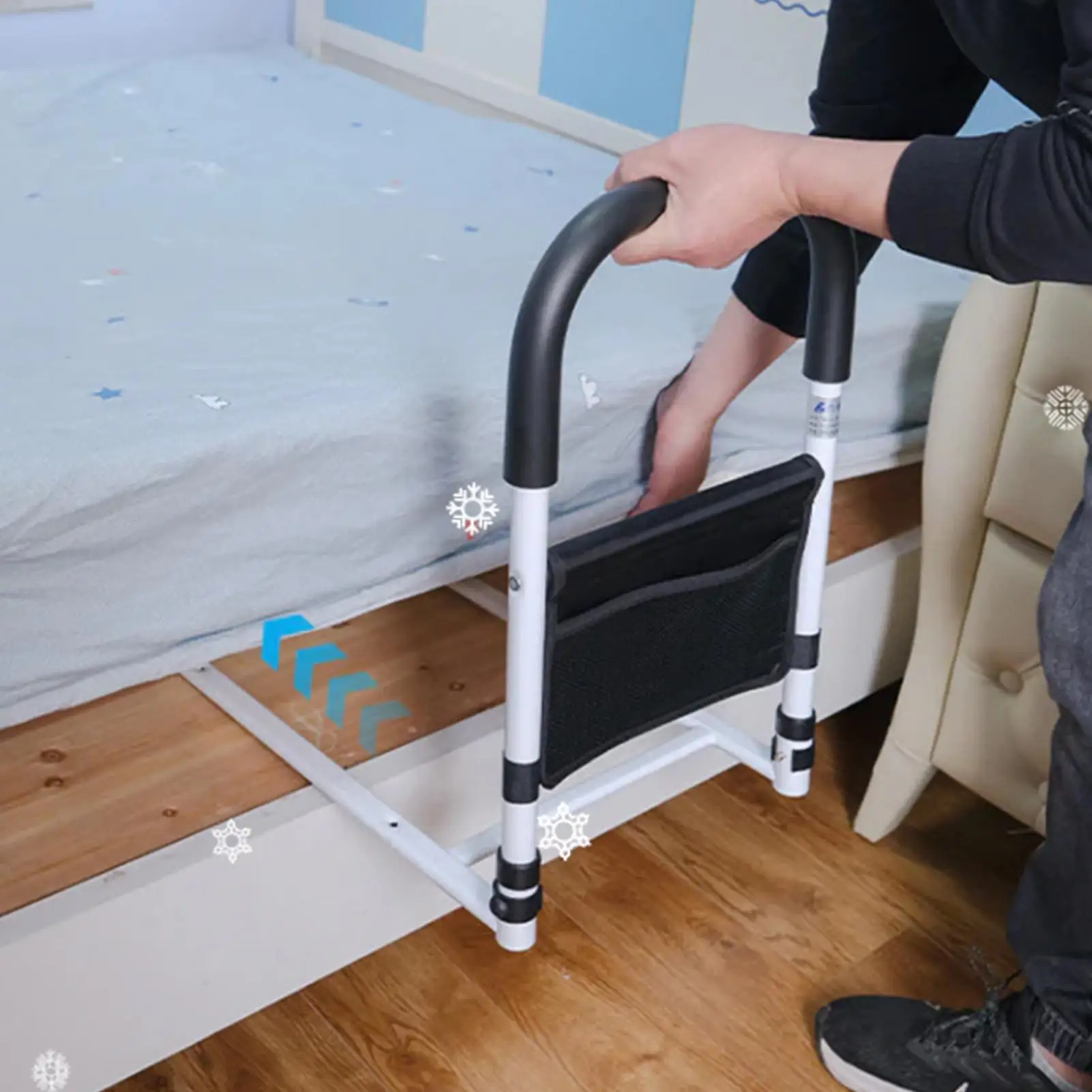 Barandilla de Cama para Personas Mayores con Bolsillos de Almacenamiento, Apoyabrazos de Cama, Barandilla de Protección Anticaídas, Barra de Soporte para Prevenir Caídas en la Cama