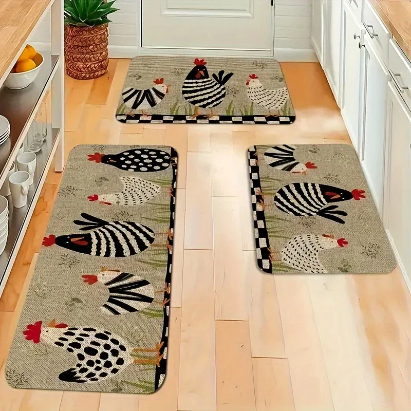 1pc Cartoon Chicken Kitchen Carpet Non-slip Machine Washable Flannel Floor Mat Suitable for Hallway Door Kitchen