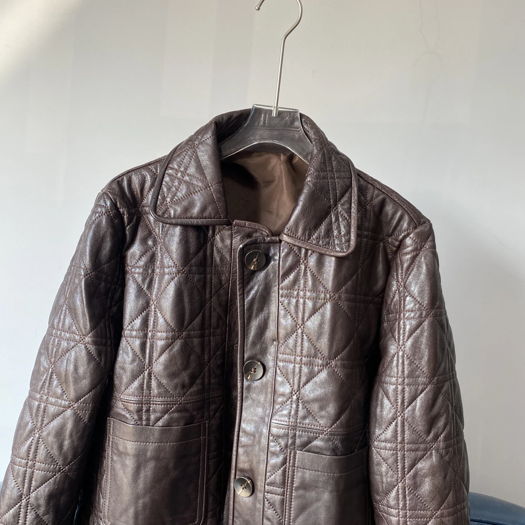 2024 Haifeng Nowa Damska Kurtka ze Skóry Naturalnej z Wzorem Diamentowym, Uniwersalna, Modna, z Wypełnieniem Bawełnianym, Płaszcz ze Skóry Bydlęcej