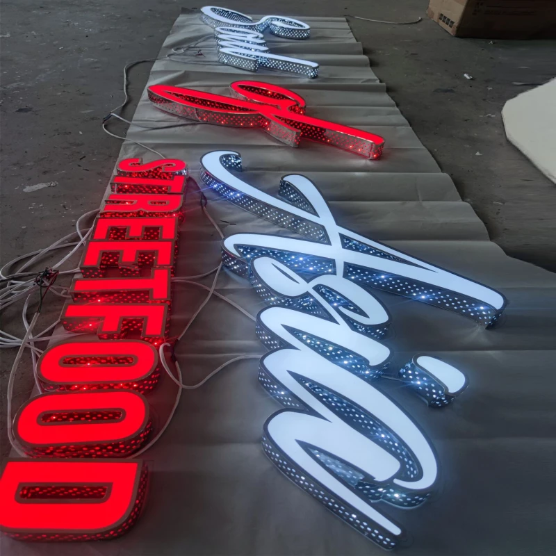 Letrero iluminado Led de acero inoxidable acrílico personalizado, símbolo de punzonado para publicidad al aire libre, letrero con logotipo personalizado, letra Led 3D