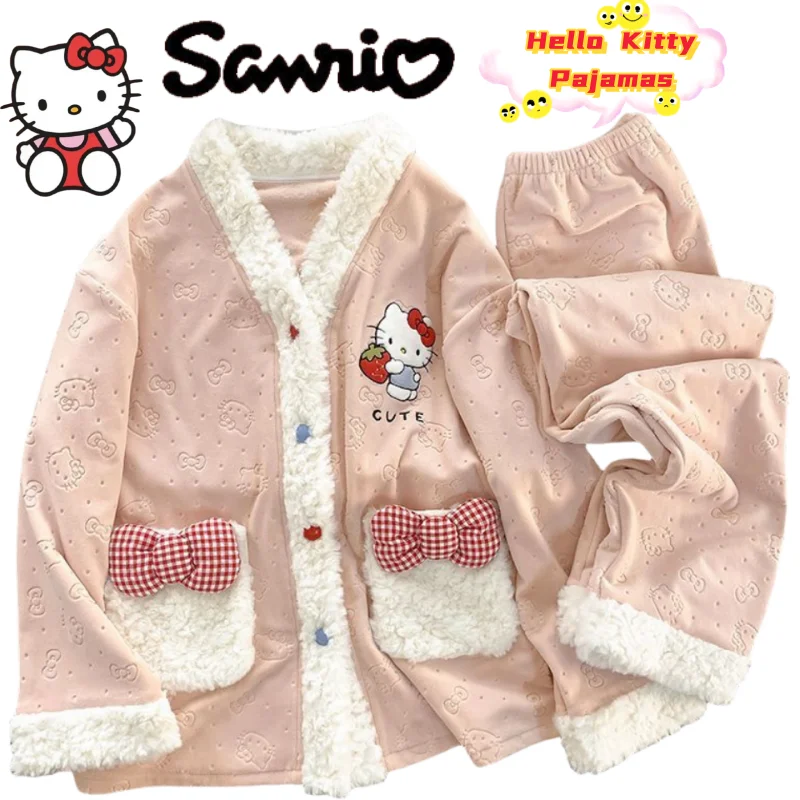 

Hello Kitty Film and television merchandise Women's Winter Long-Sleeve Cardigan Student Warm Comfortable Casual Homewear Set