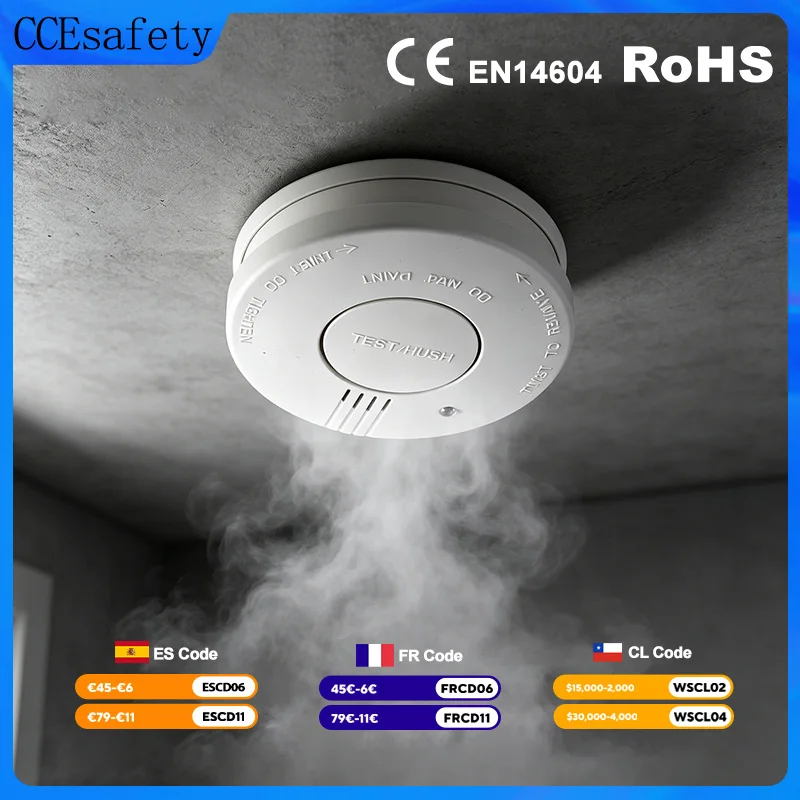 Detector de humo CCEsafety SA10 con batería reemplazable de 9V, alarma de incendio, sensor de humo, botón silenciador para casa, apartamento, alquiler, certificado CE EN14604