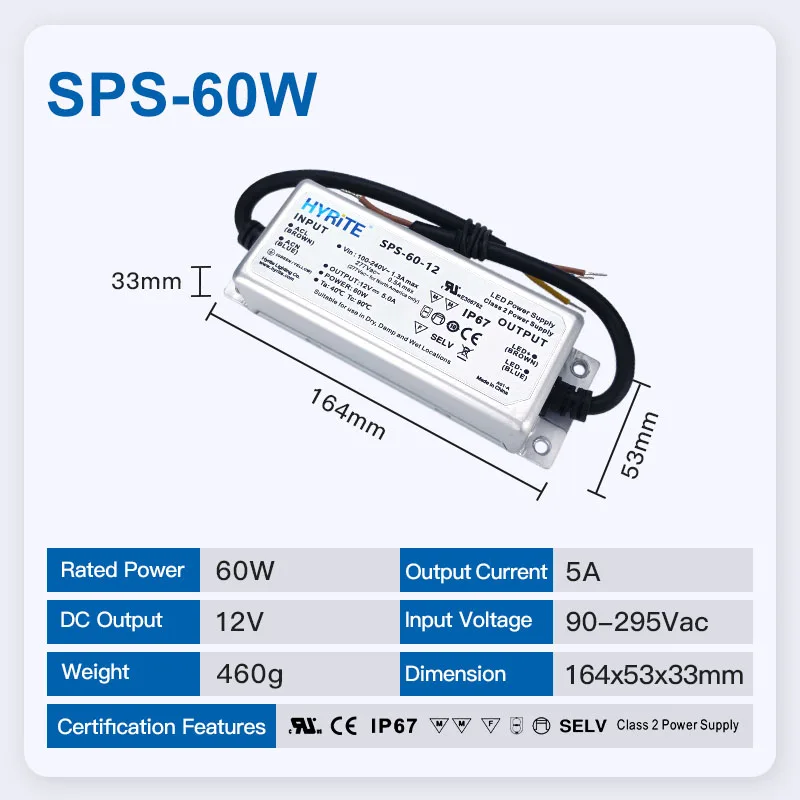 IP67 Waterproof 12V 24V LED Switching Power Supply, Compact AC‑DC LED Driver 60W 90W