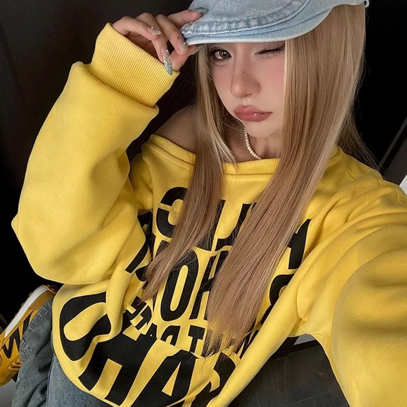 Fashion Yellow Off-shoulder Long Sleeve Letter Print Loose Sweatshirt For Women