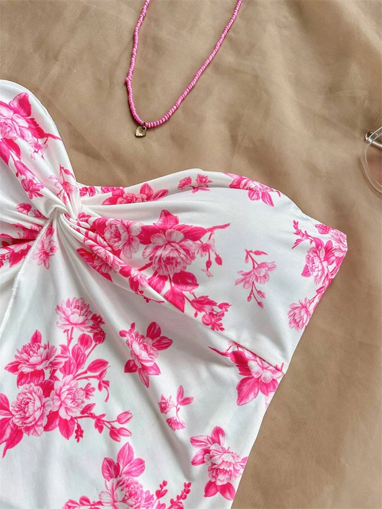 الأزهار طباعة تويست عقدة المحاصيل الأعلى للنساء الصيف مثير قبالة الكتف Ruched صديرية دائرية تانك القمم الشارع الشهير Y2K الملابس #4