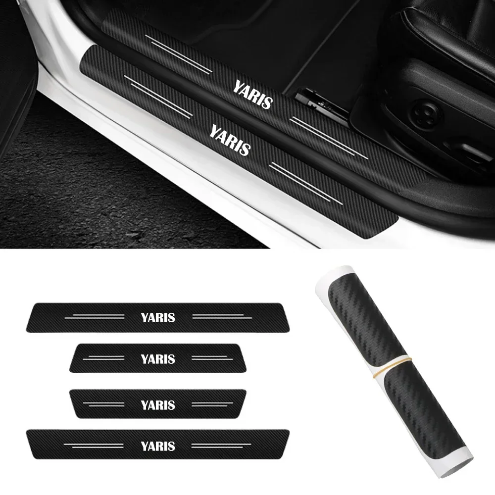 4PCS Car Door Sill Scuff Plate Decor Carbon Fiber Stickers For Toyota Yaris 210 XP210 2020 2021 2022 Auto Styling Accessories