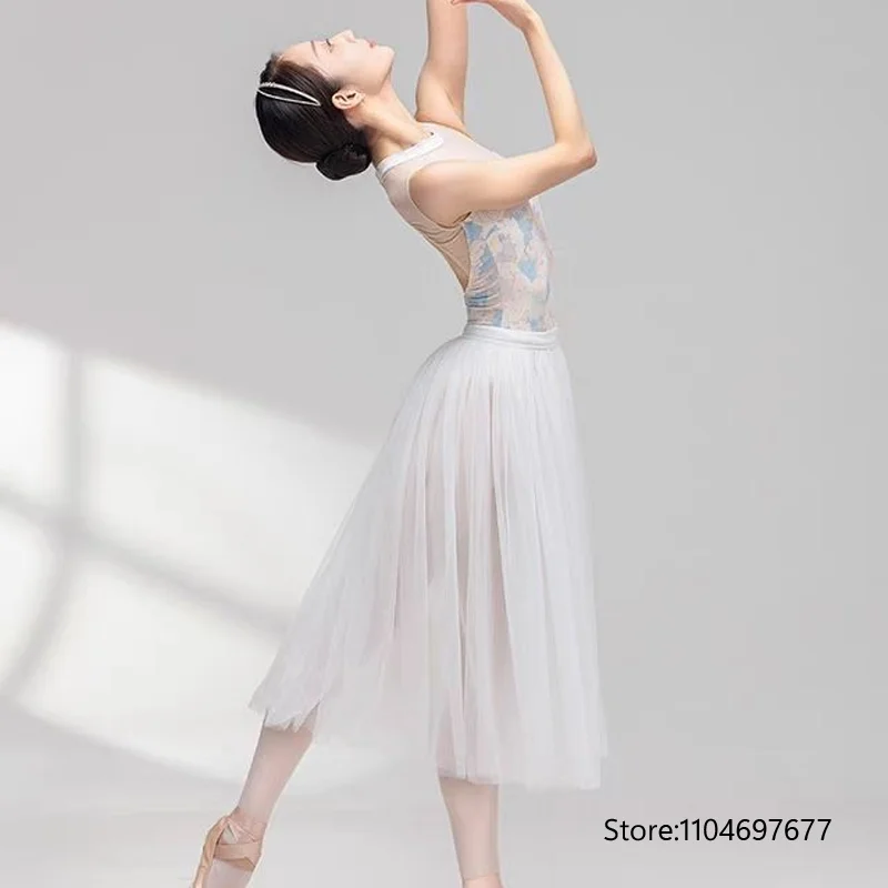 

White 4 layers of Mesh Long Ballet Dance Skirt Adults Pettiskirt Fluffy Ballet Skirts Tulle Wedding Party Performance Skirt