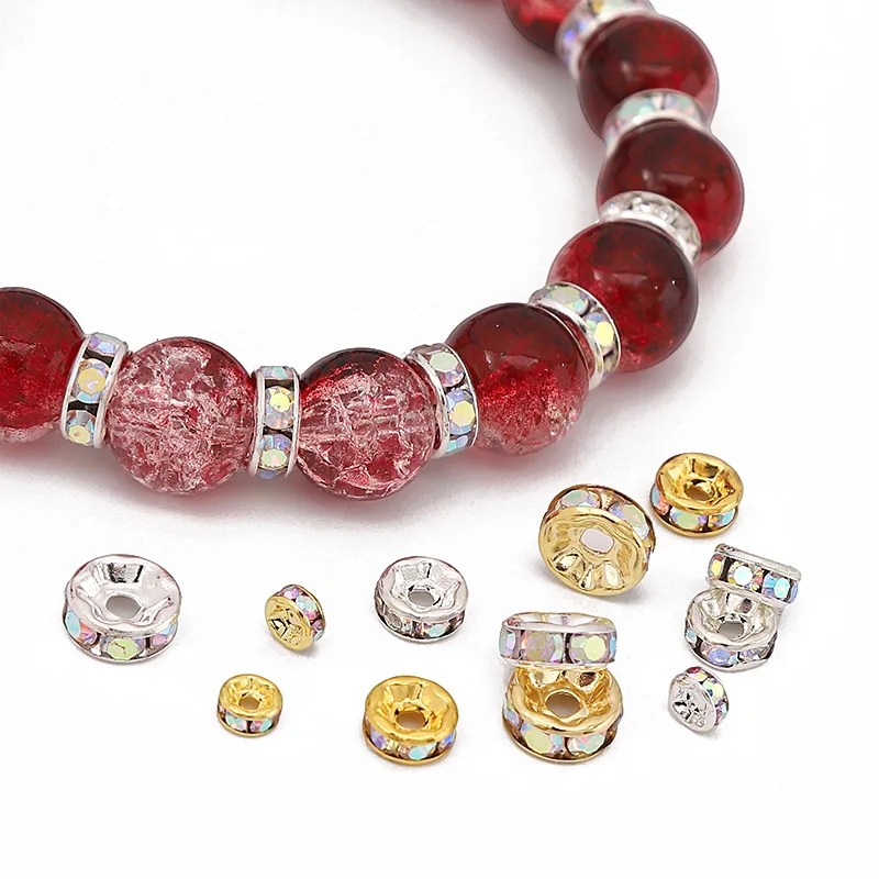 20pcs/bag Copper Diamond Rings Gold Silver White Diamond Crystal Beads Flat Loose Spaced Bead For DIY Jewelry Making Accessories