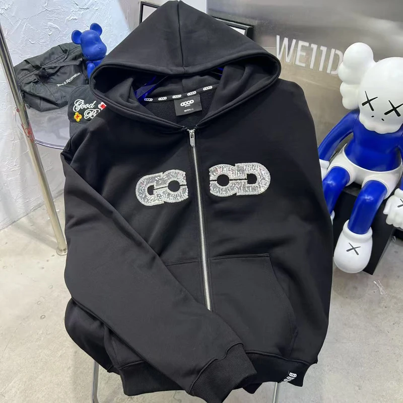 Goodbrand Hoodies American High Street Letter Map Sequins Embroidery Fashion Hooded Sweatshirts Zipper Tops Men's Clothing