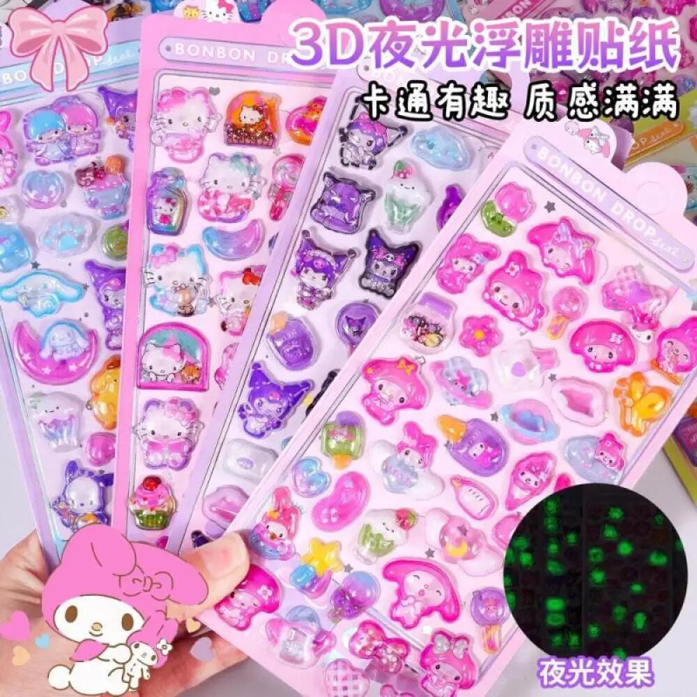 

Noctilucent Sanrio 3D stereoscopic sticker Cute Melody Hello Kitty Children's Cartoon Handbooks Decoration Child Reward Toy Gift