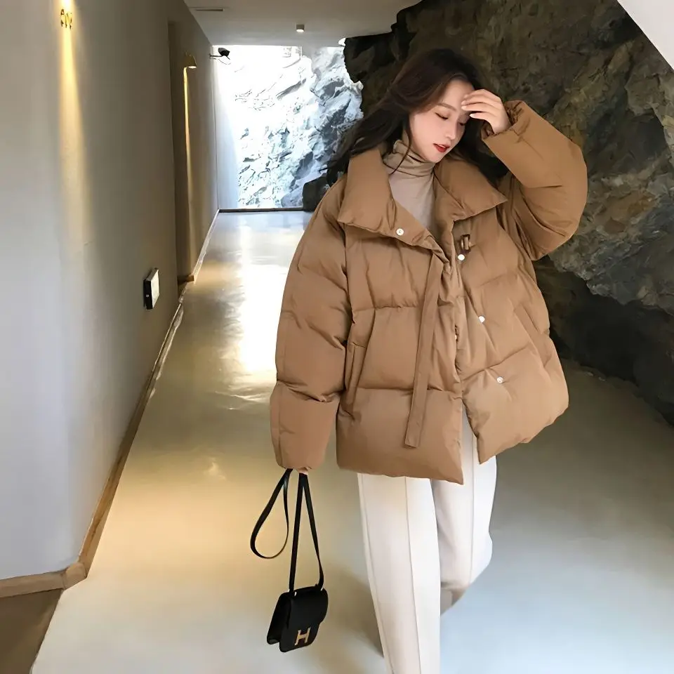 Woman's Autumn/winter Vintage Leisure Lapel Down Coat Jacket Short Loose Solid Color Buttons Cotton-padded  Puffer 