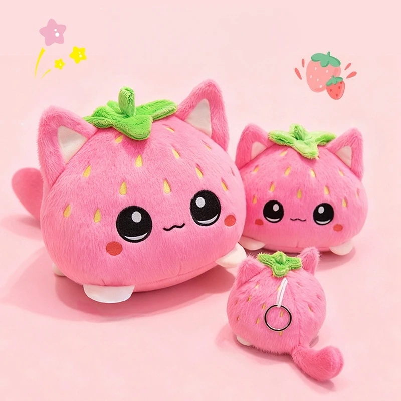 Cute Strawberry Cat Plush Toy Stuffed Pink Cat Turn into Strawberry Plushies Cartoon Animal Doll Soft Birthday Gift for Girl