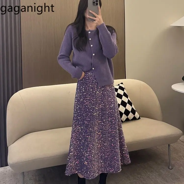 Gaganight Women Purple Sequined Midi Skirt 2024 Autumn Winter New Mid Long Length Light Luxury High Waist Slimming A line Skirt