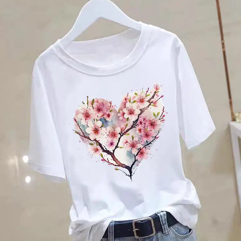 A New Heart-shaped and Cute Women's Commuter Instagram Summer Printed Short-sleeved Round-neck T-shirt Women Clothing Graphic