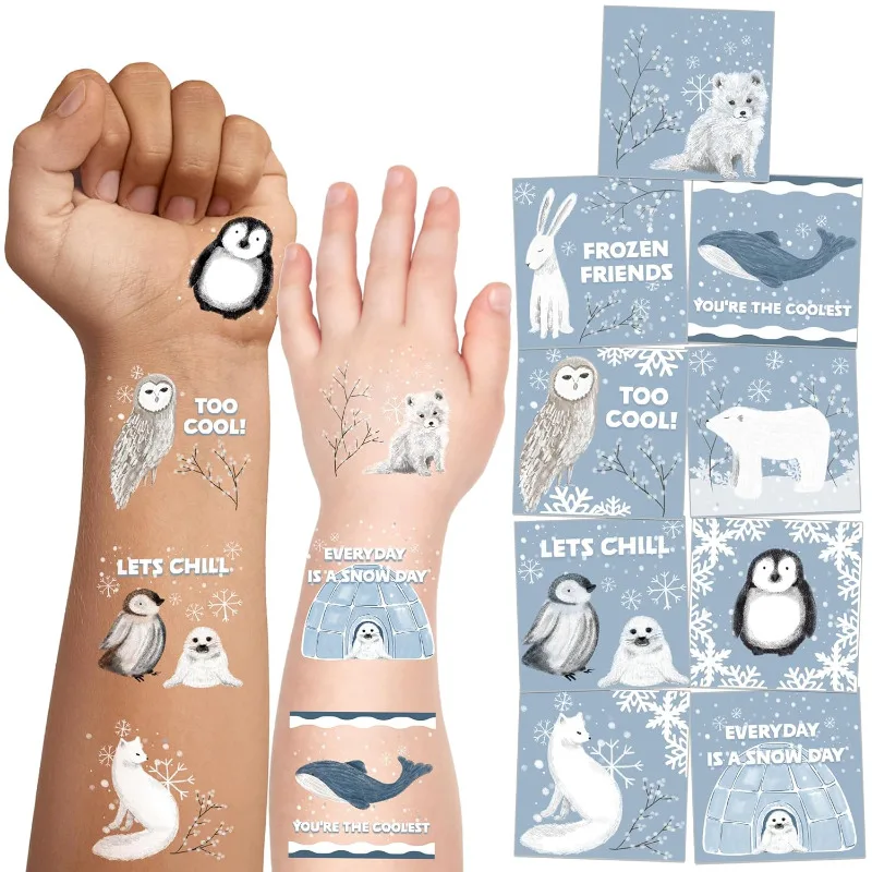 108Pcs Winter Friends Polar Bear Penguin Temporary Tattoos for Baby Shower Birthday Winter Themed Kid Party Holiday Decorations