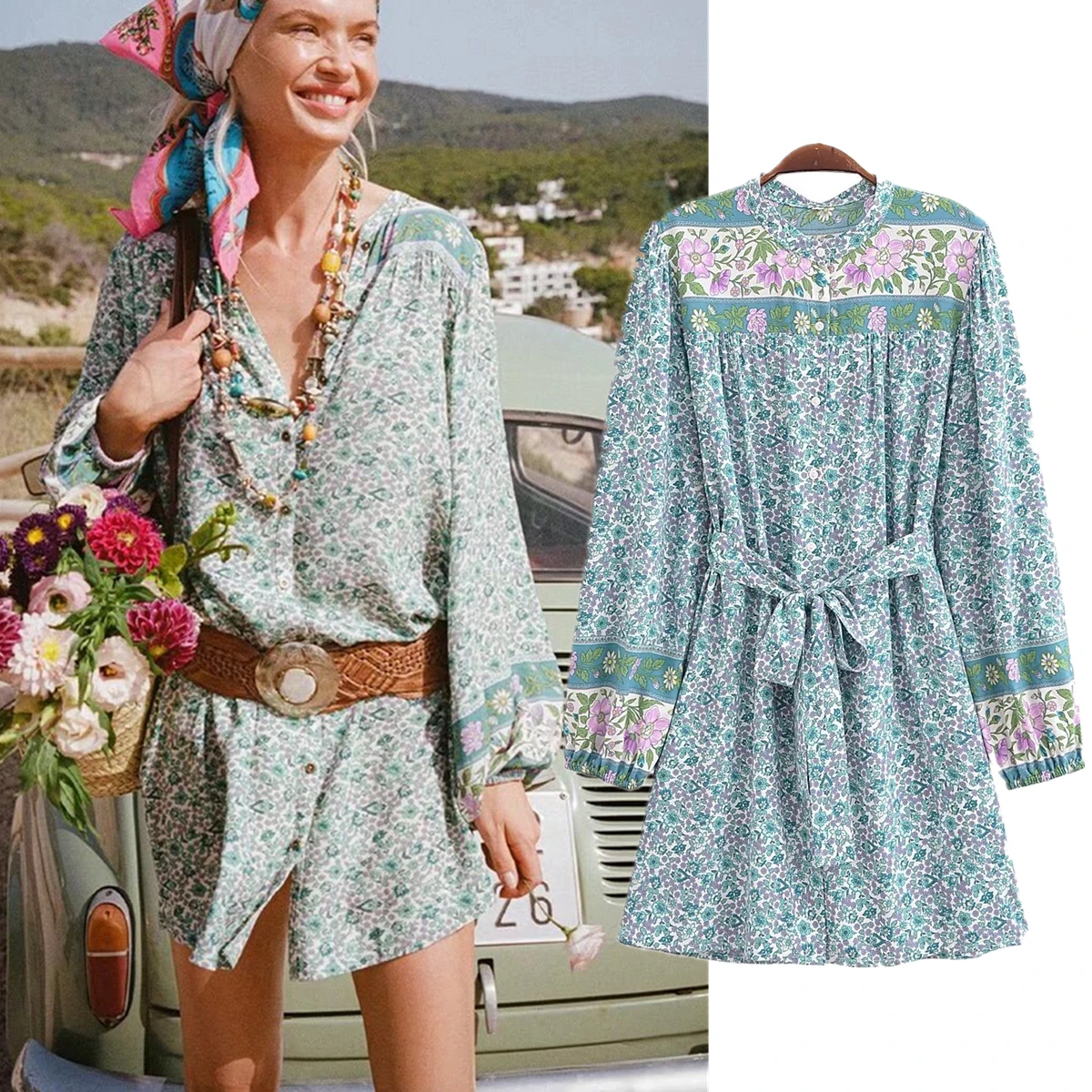 

Dave&Di Summer Dress Women Moroccan Bohemian Vintage Floral Shirt Dress Ladies Indie Folk Casual Holiday Dress