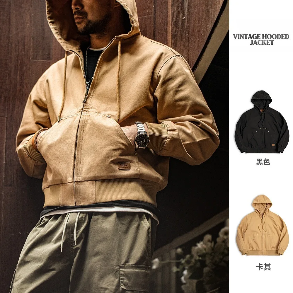 2026 Autumn American Retro Amekhaki Style Canvas Short Hooded Jacket Men Fashion Streetwear Men's Outdoor Sports Zipper Jacket