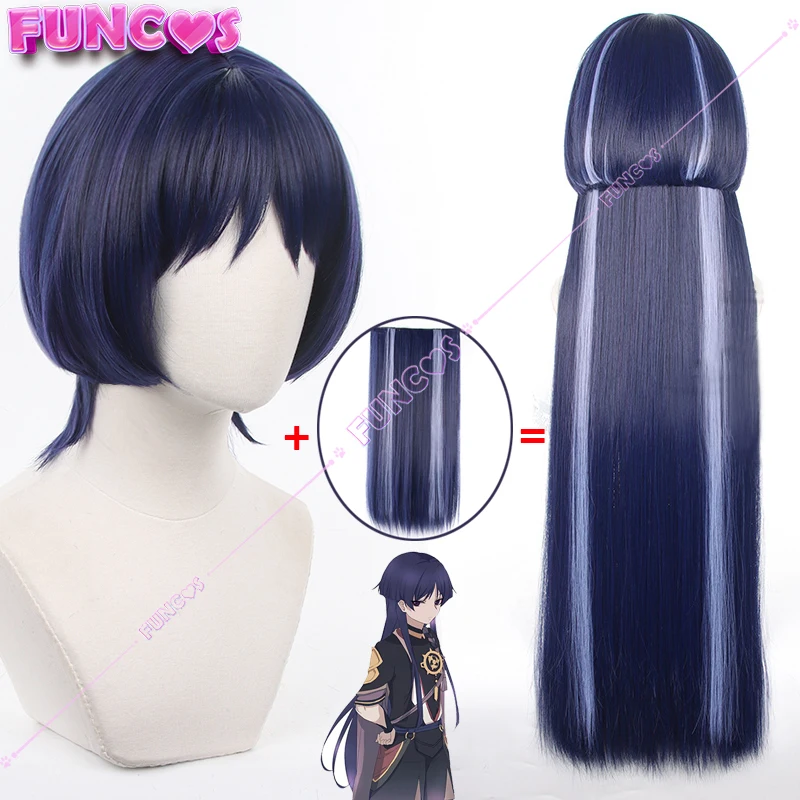 Scaramouche Wanderer Cosplay Wig Genshin Impact Short Hair Long Hairpieces Ears Blue Mix Purple Sumeru Kunikuzushi Free Wig Cap