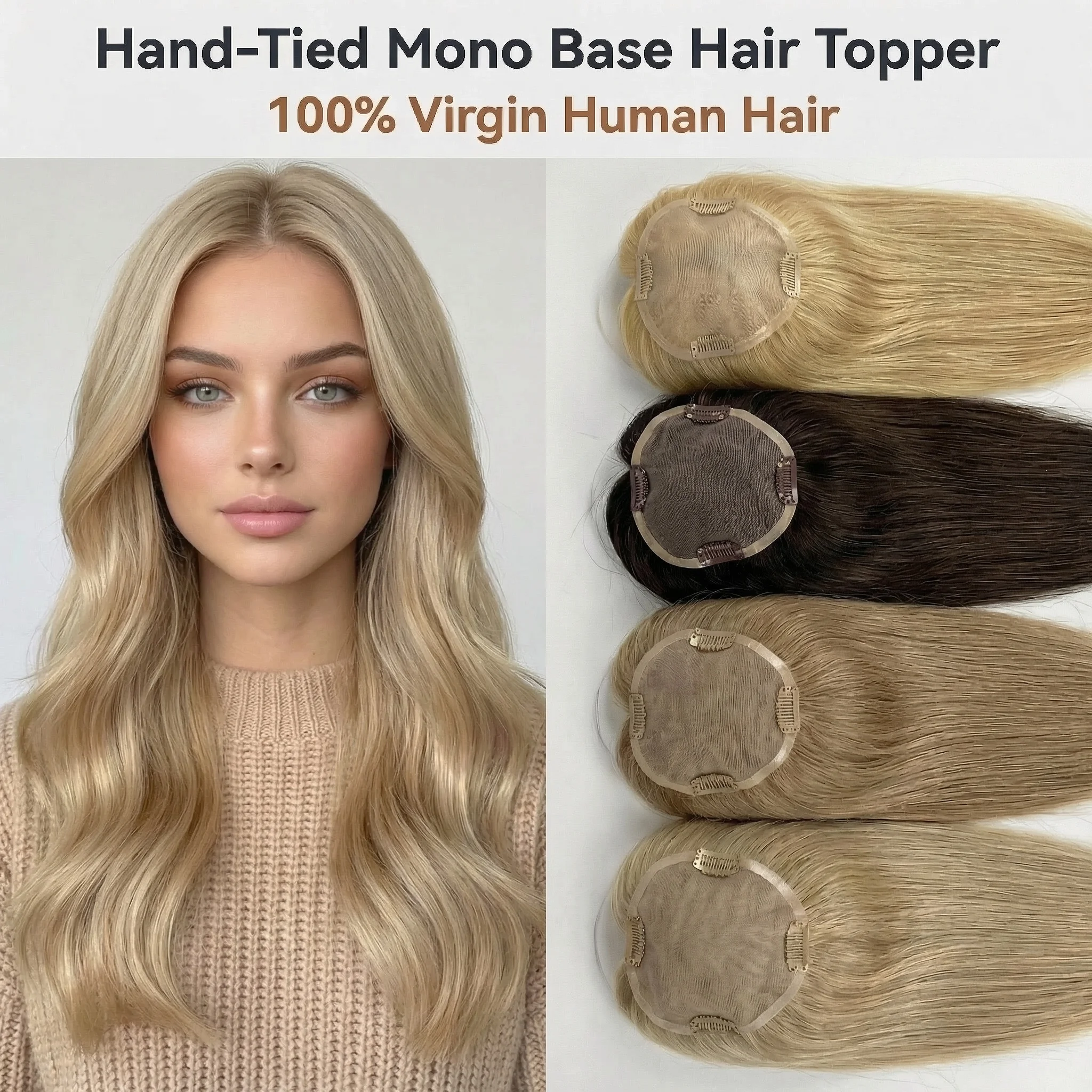 

Женский топпер MONO Base из натуральных человеческих волос, на заколках, прямые, блонд, 5''x5''