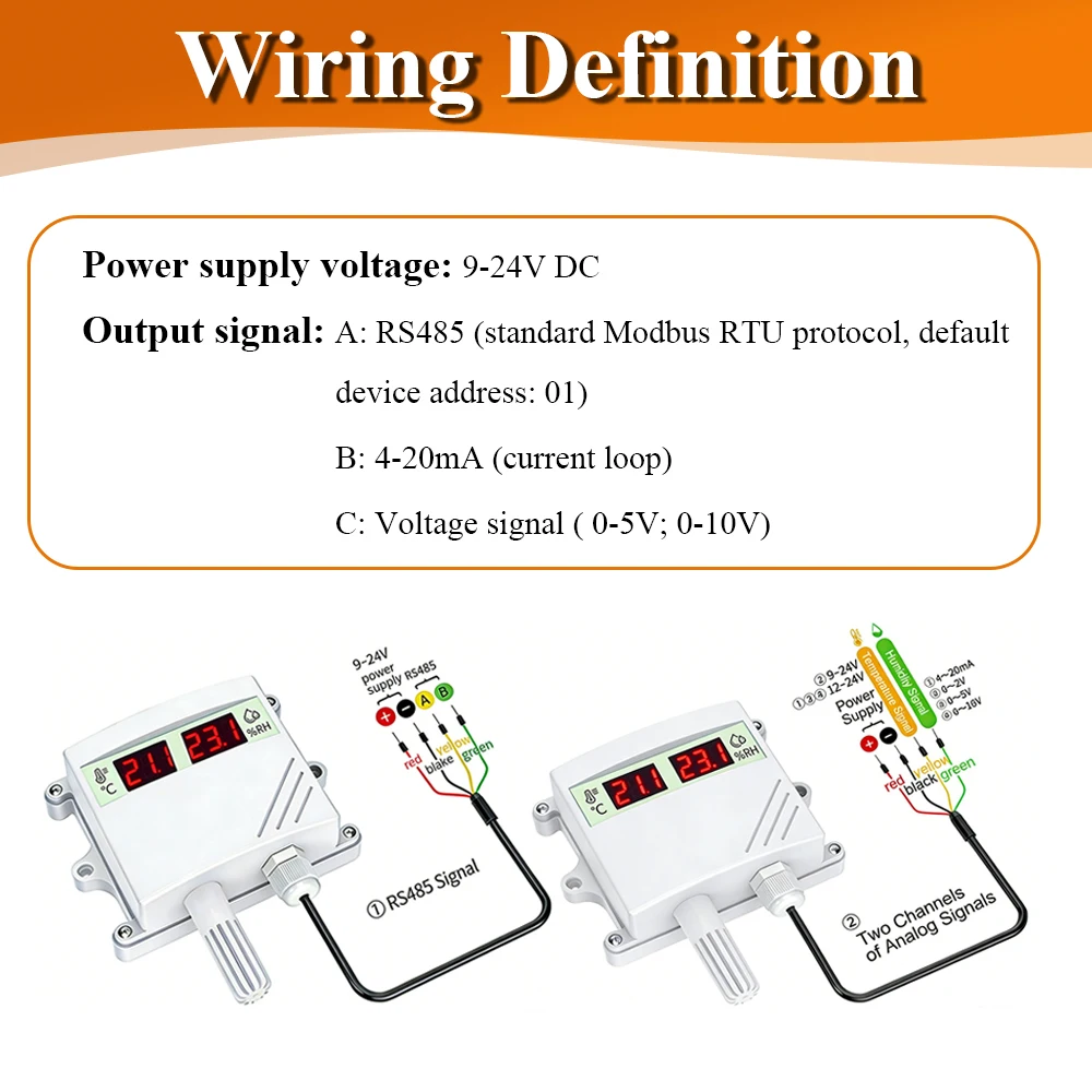 RS485 Analog 0-5V 0-10V 4-20mA Waterproof Temperature Sensors Digital Display Transmitter with Temperature Humidity Sensor Probe
