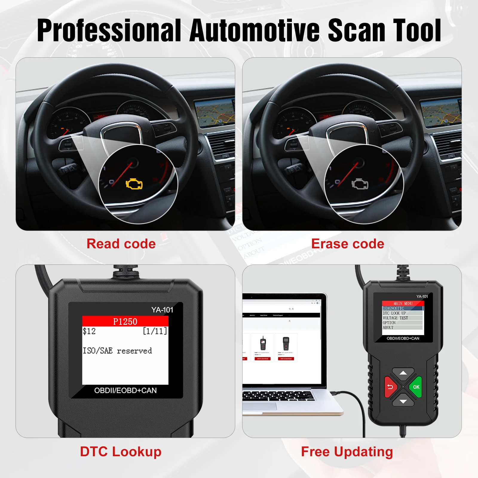 Car OBD2 Scanner YA101 for 12V Automotive Check Engine Error Code Reader Diagnostic Tool Full OBDII Diagnostic Functions