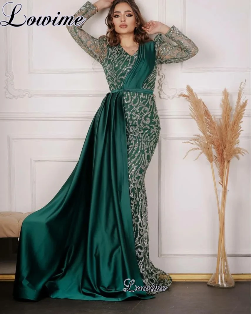 Plus Size Green Evening Dresses Arabic Long Sleeves Formal Occasion Dresses Middle East Wedding Guests Dresses Robes De Soirée