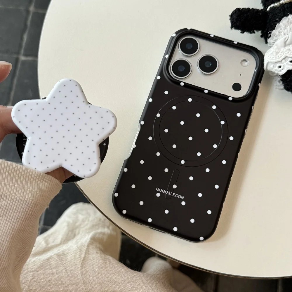 Black White Polka Dot For Magsafe Phone Case For iPhone 15 16 17 Pro Max Detachable White Star Grip Holder Shockproof Cover