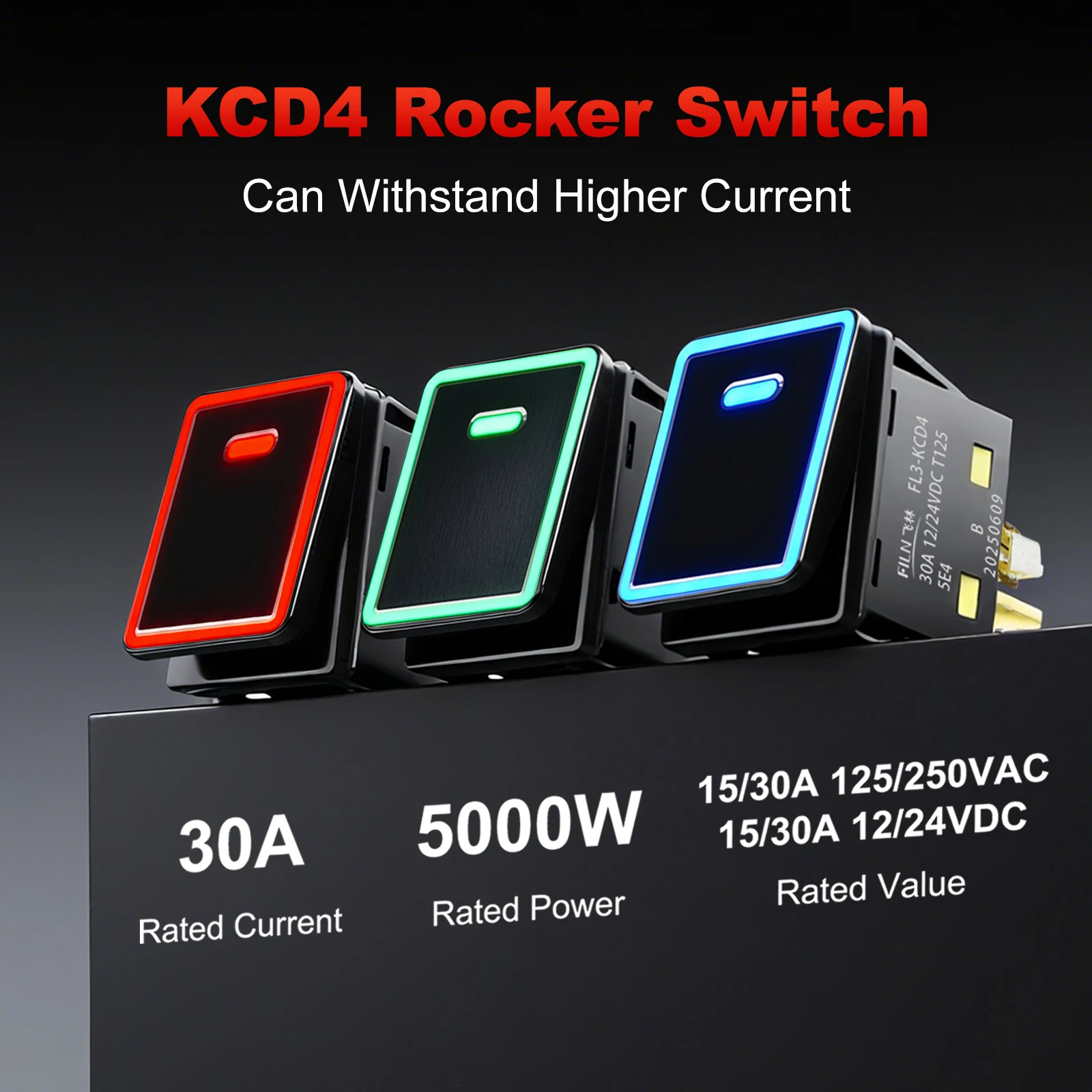 FILN Rocker Switch Waterproof IP65 30A  Heavy Duty DPST 12V 24V 110V 220V  Polished Metal Surface Sealed Auto Boat Marine Toggle