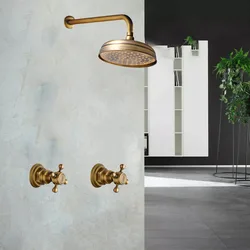 Badkamer Regendouche Kranen 8 Inch Antiek Messing Ronde Muur Kraan Sets Dubbele Handgrepen Mengkraan