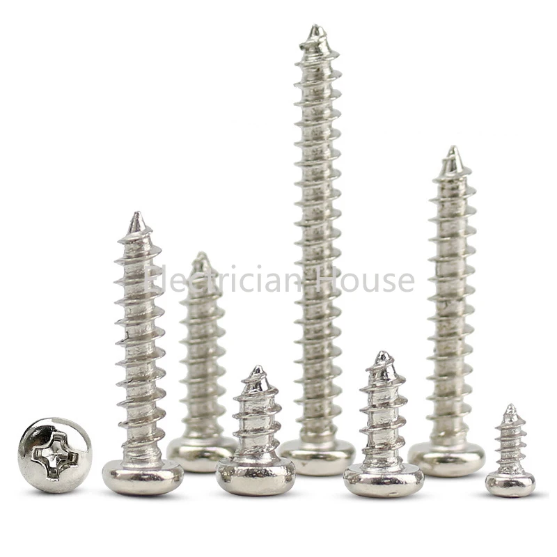 100 pçs/lote Niquelado Aço Carbono Cruz Recesso Cabeça Redonda Parafuso Auto-roscante M1 M1.2 M1.4 M1.7 M2 M3 M4 M5