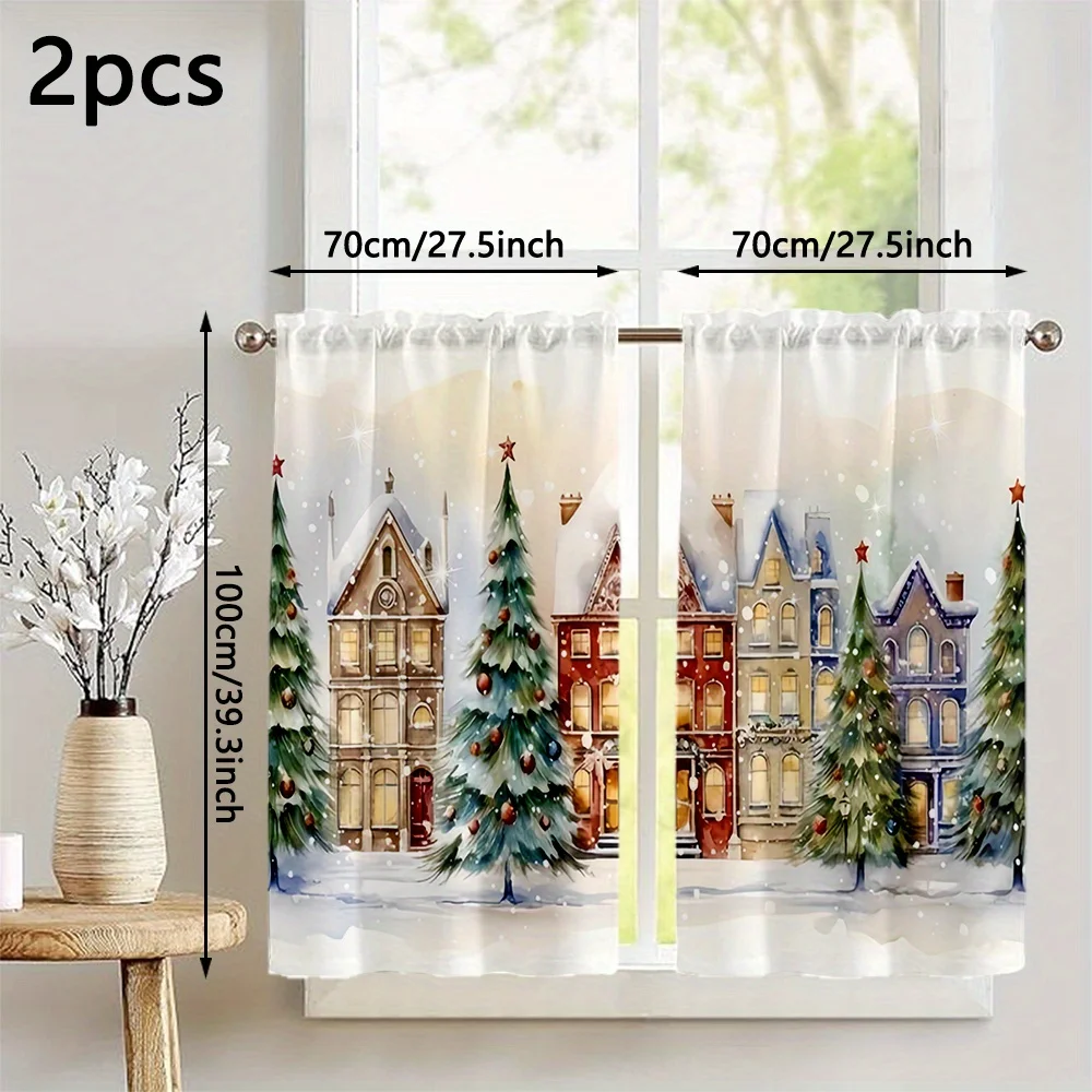 Christmas Town Watercolor Street Kitchen Curtain, Winter Holiday Decor Rod Pocket Tier Curtains for Kitchen Window