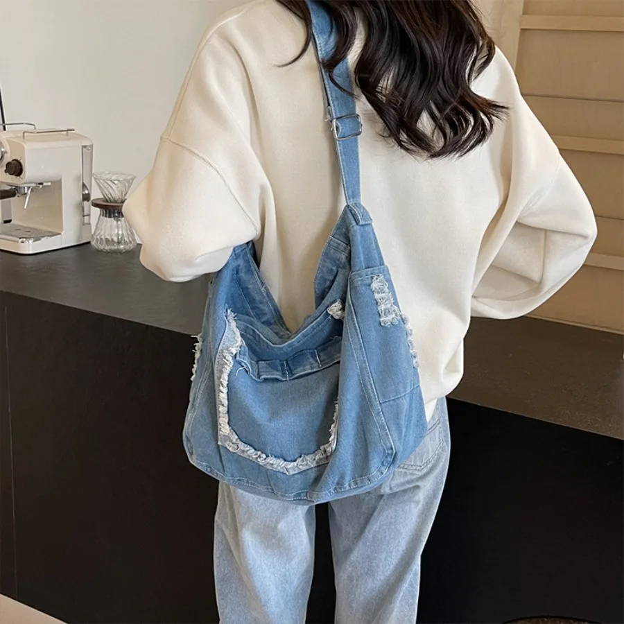 

ag Fashionable Textured Denim Canvas Bag Casual Crossbody Women's Single-Shoulder Student Bag Fringe Messenger Bags