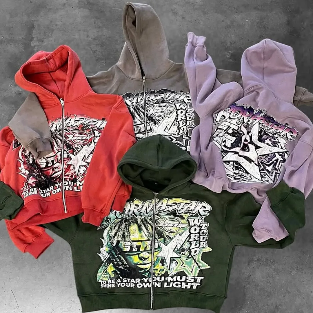 

Europe, America 2025 New Street Rap Pattern Printed Hoodie Men's and Women's Same Loose Hooded Zipper Sweater