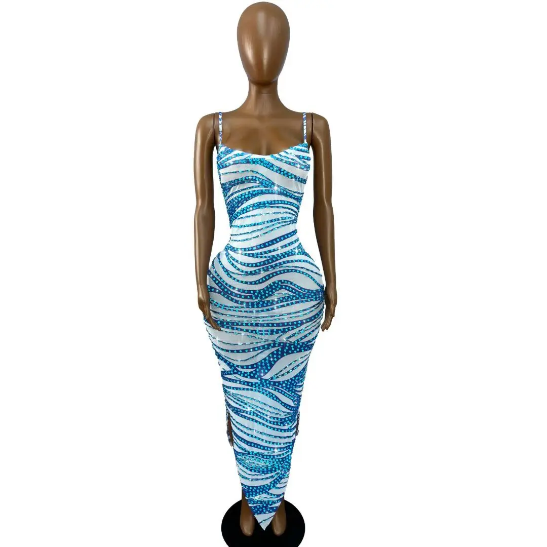 Zongheng Blue and White Zebra Print Rhinestone Embellished Spaghetti Strap Bodycon Maxi Dress for Evening Party Events