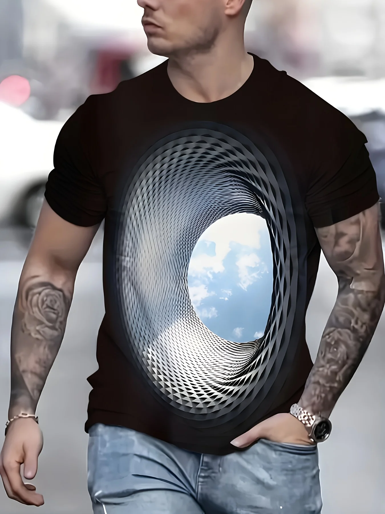 Summer Hotline T-shirt 3D Printing Fashion Trendy Casual Men's Short Sleeve T-Shirt - Hole, Misaligned 3D Visual Effect Top