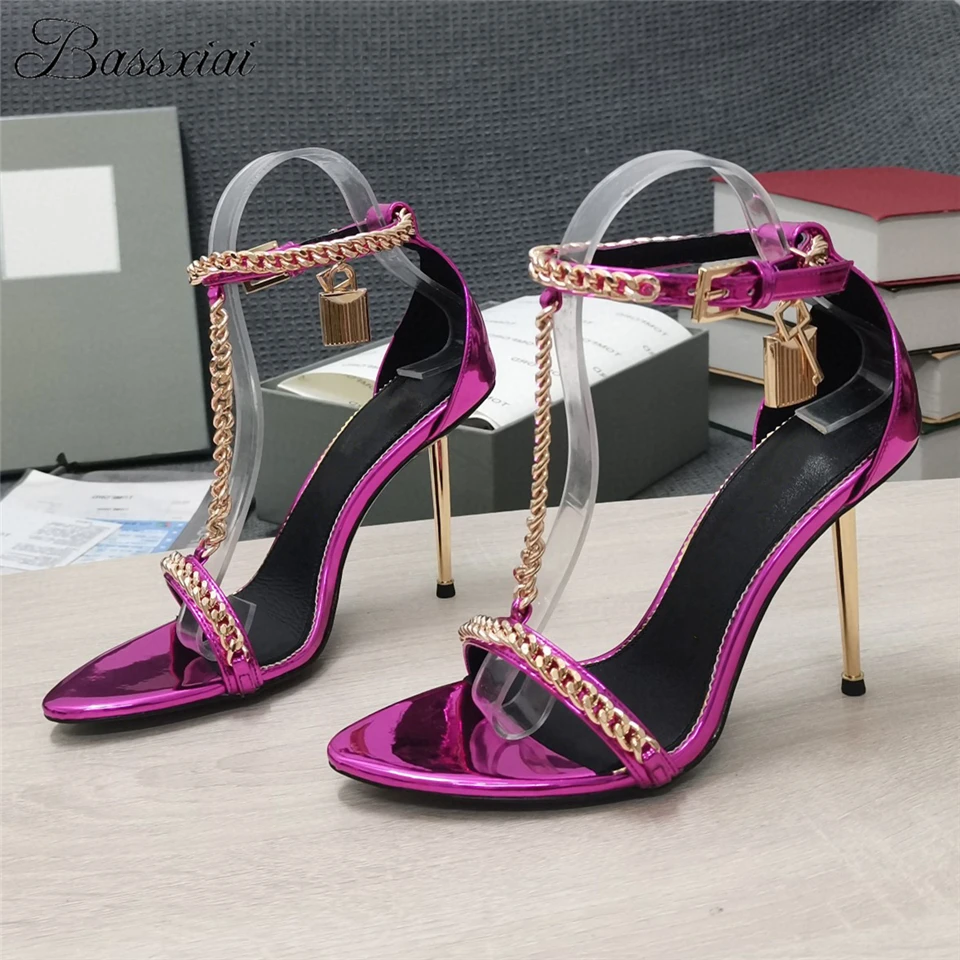 

Multicolor Chains T-Strap Locked Modern Sandals Women Metal Sharp High Heel Ankle Strappy Open Toe Party Shoes Summer