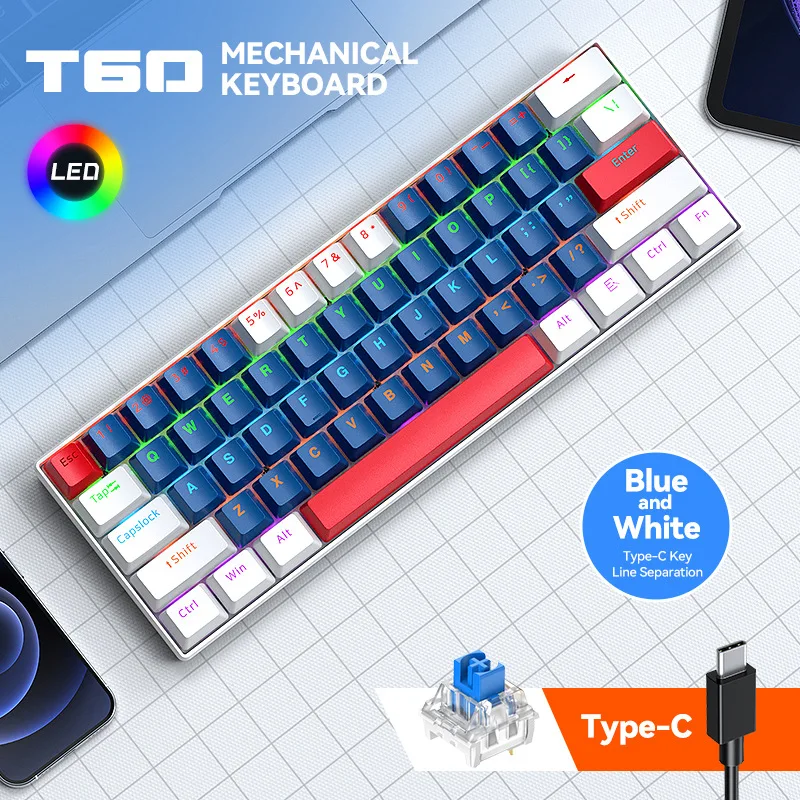 T-WOLF T60, mechanisch toetsenbord met Type-C-aansluiting, volledig uitwisselbare toetsen, toetsenbordontwerp met afzonderlijke toetsen, toetsen met gemengde kleuren, RGB-verlichting.