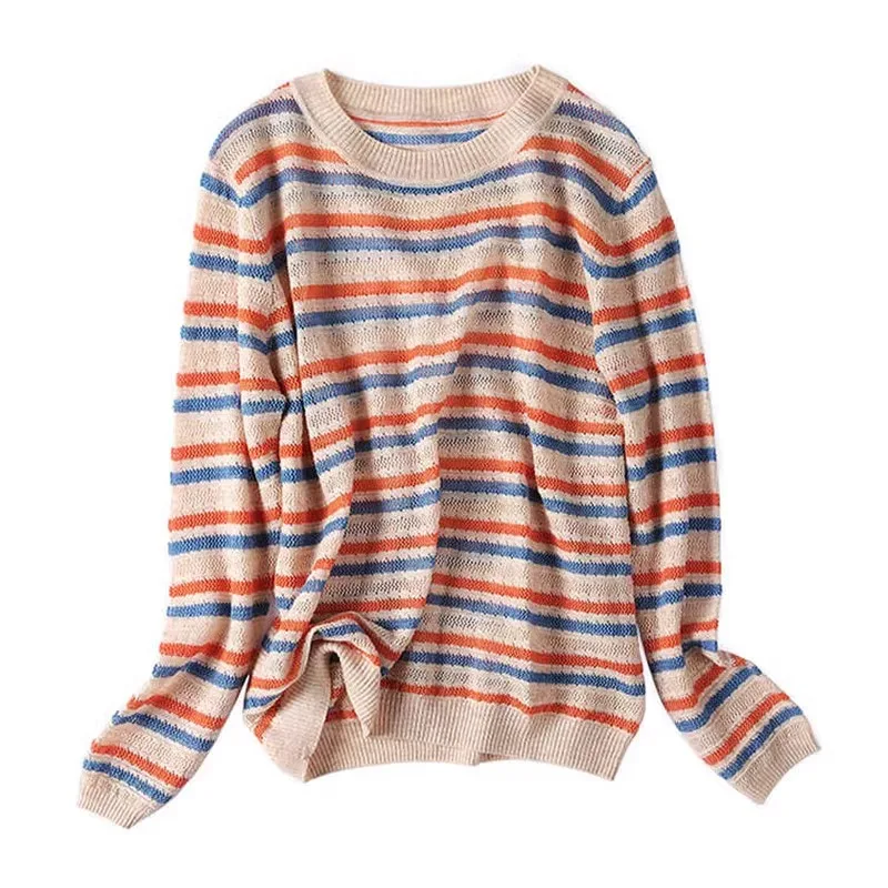 Fashion thin hollow color striped cashmere sweater women\'s spring and autumn loose thin wool base shirt