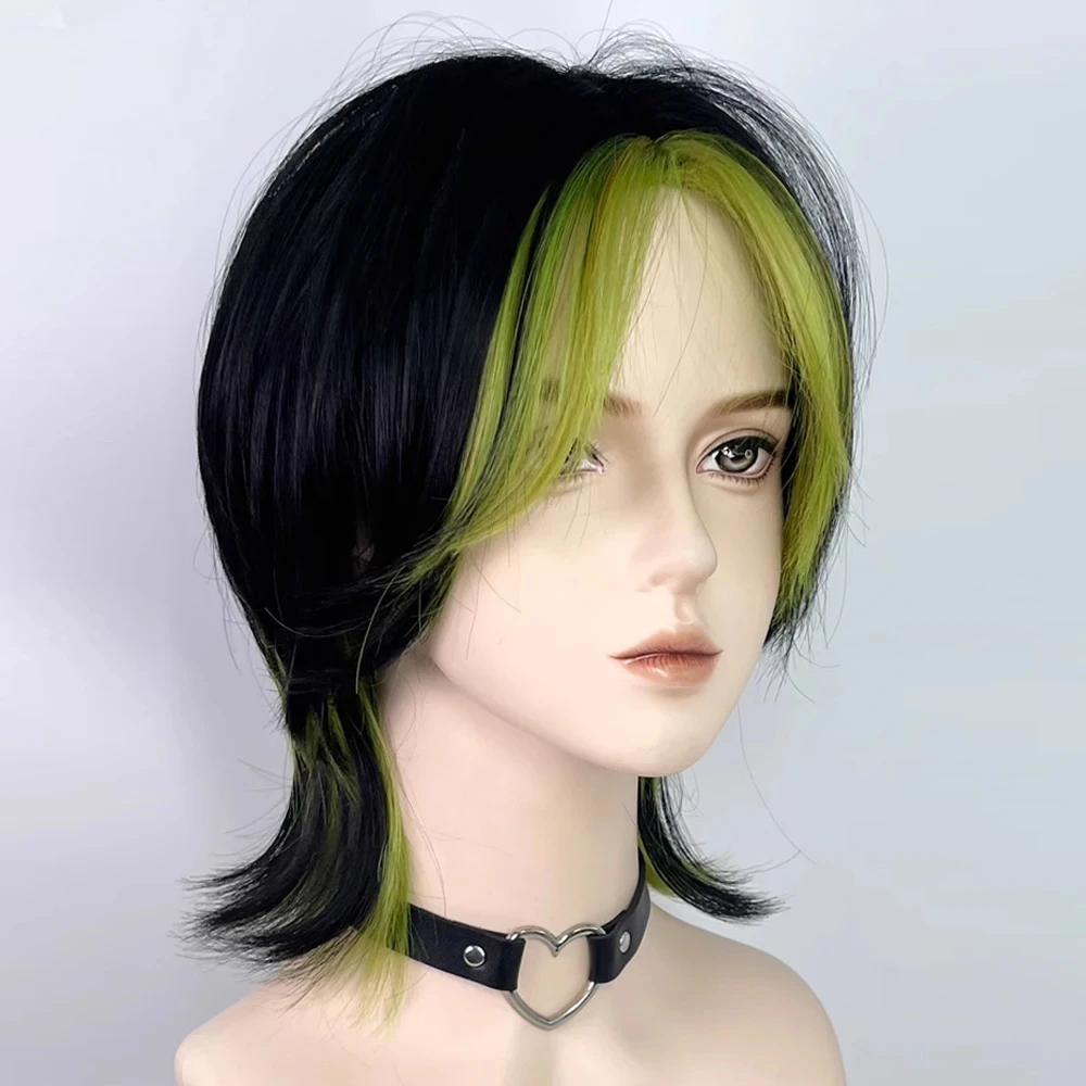 Men Women Wig Synthetic Hair Wig Mullet Head Wig Short Black Ombre Green Straight Party Wig Heat Resistant