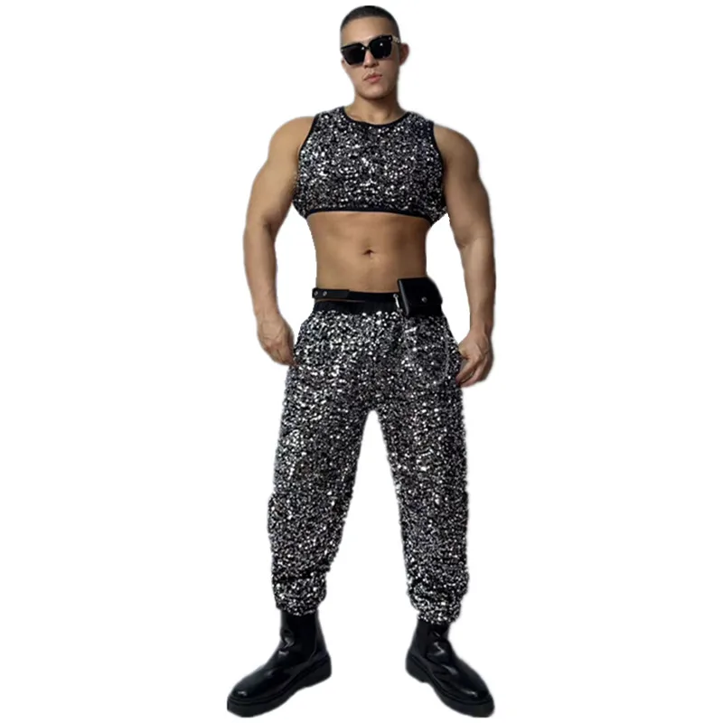 Mannelijke Zilver Zwart Pailletten Vest Broek Bar Nachtclub Gogo Dans Kostuum Set DJ Danser Sexy Carnaval Party Prestaties Outfit
