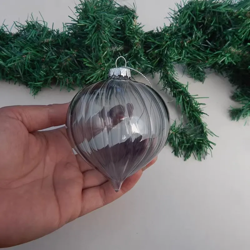 Grey Series Striped Glass Ball Christmas Day Hanging Pendant Globe Cone Onion Ornament Diameter=8cm 6.5*13cm 12pcs/pack