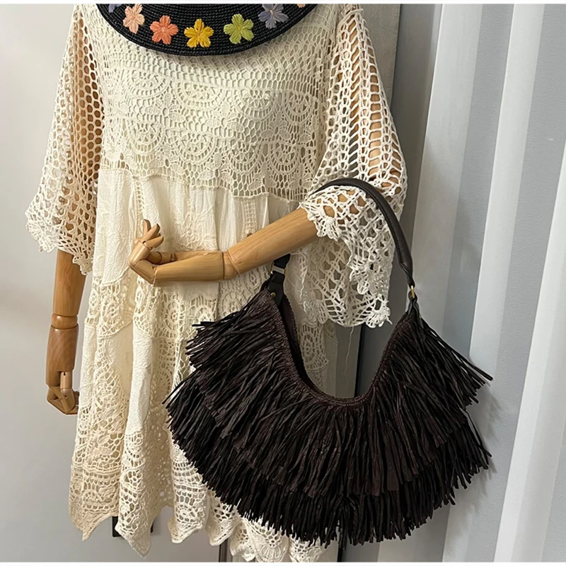 Vintage-Handtasche mit Quasten, Damen-Hobo-Fransen-Unterarm-Schultertasche, Designer-Retro-Freizeit- und Alltagstasche, Kaffeebraun – Detail 4