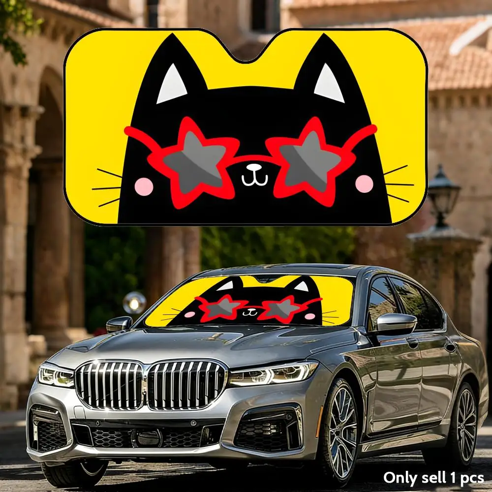 

Black Cat Wearing Sunglasses Sun Visor Aluminum Windshield UV Protection Heat Insulation Cover Foldable Reusable Sun Visor Shade