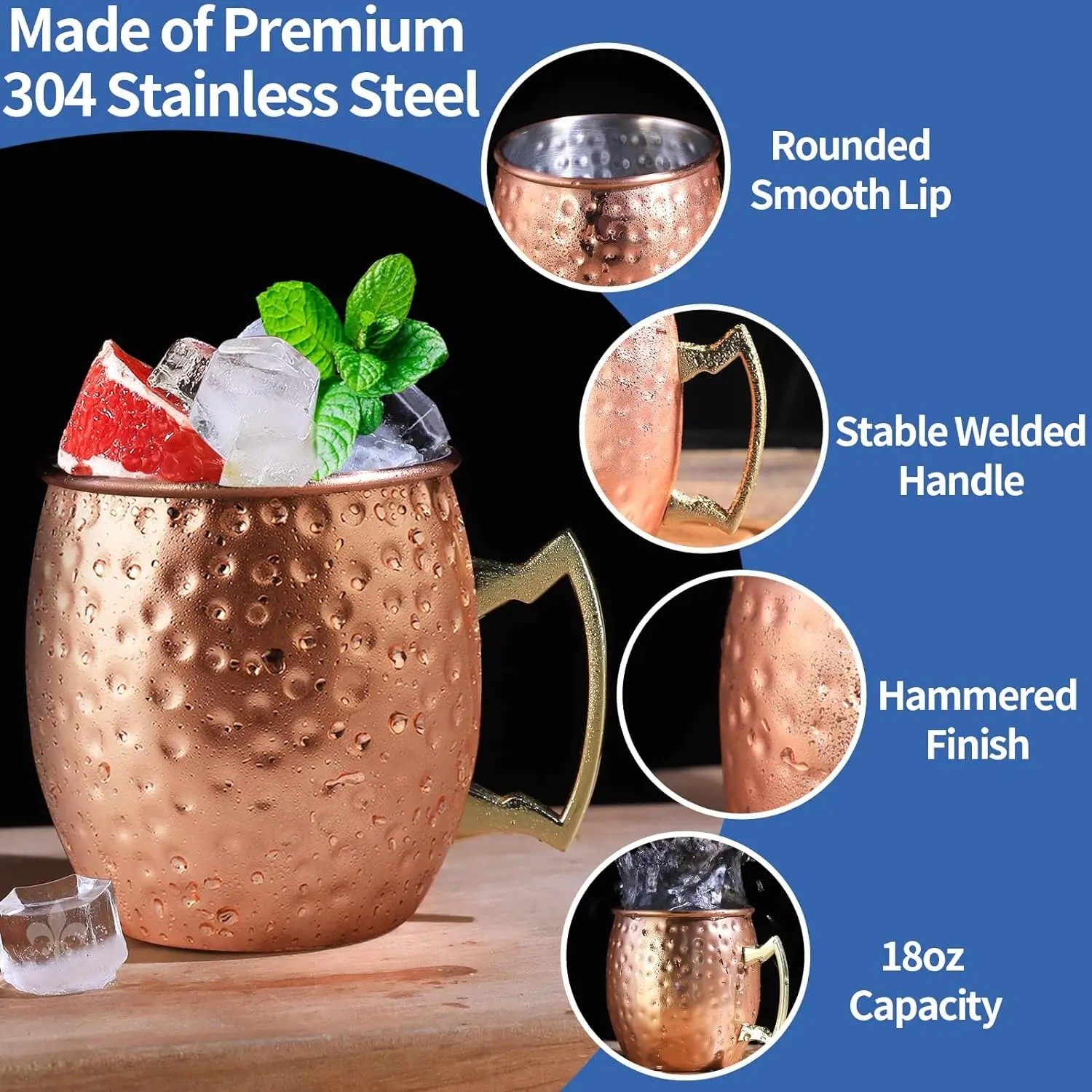 4pcs Moscow Mule Mugs Large Size 19 ounces Hammered Cups Stainless Steel Lining Copper Plating