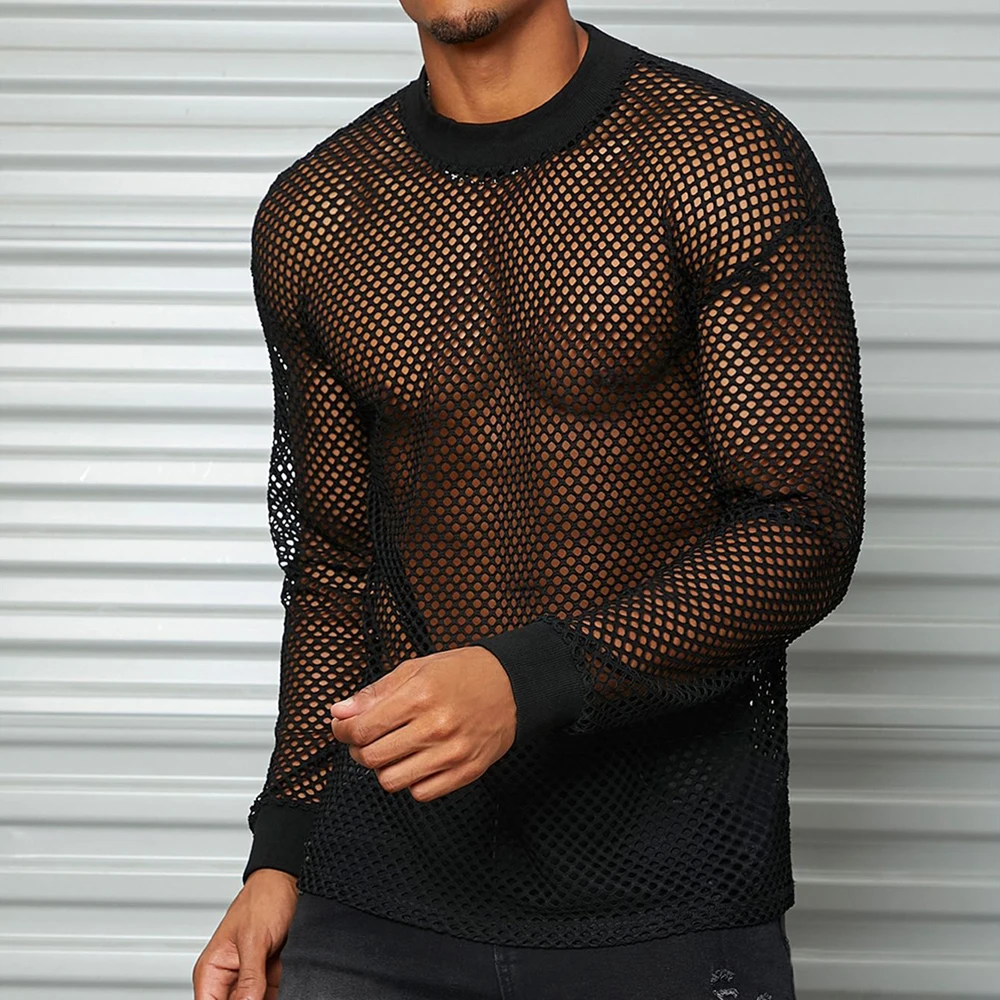 Mens Sexy Fishnet See Through T-Shirt Long Sleeve Transparent Tshirt Homme Punk Gothic Nightclub Prom T Shirt For Men Camisetas